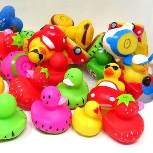 10 Assorted Rubber Ducks 2 inch Squirter Fruit Food  Crazy Hair  Duck Toy